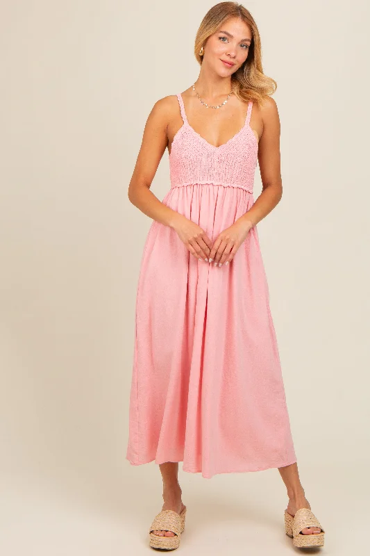 Pink V-Neck Crochet Top Midi Dress Edgy midi dresses