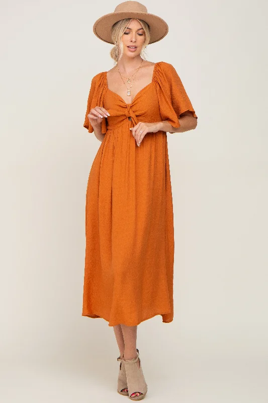 Rust Front Tie Ruffle Sleeve Midi Dress Best midi dresses for formal events