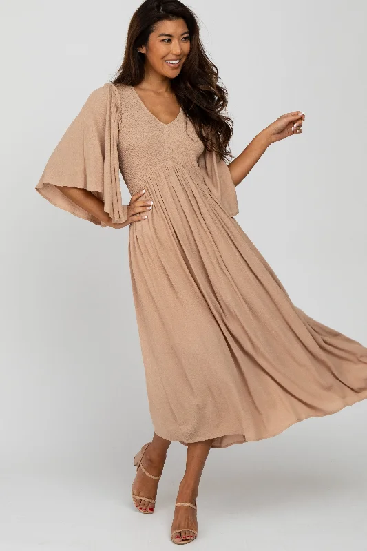 Taupe Smocked Front Ruffle Sleeve Midi Dress Glamorous midi dresses