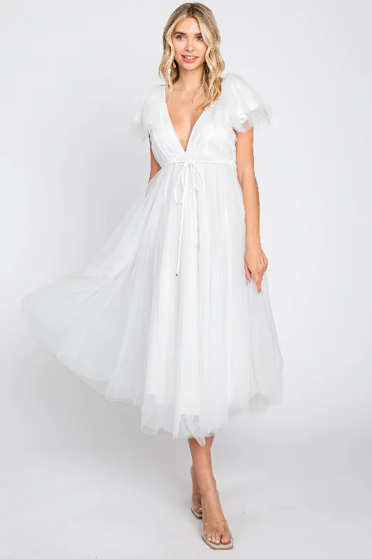 White Tulle V-Neck Flutter Sleeve Midi Dress Off-shoulder midi dresses