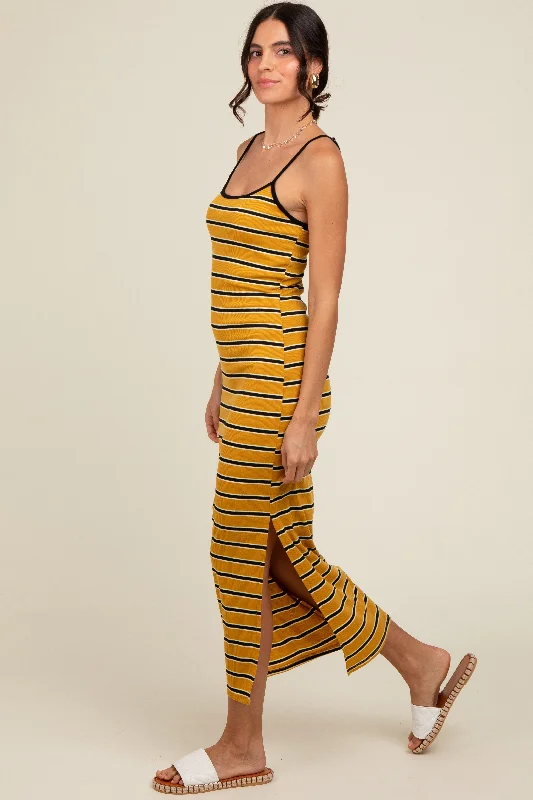 Yellow Striped Ribbed Side Slit Midi Dress Goth midi dresses