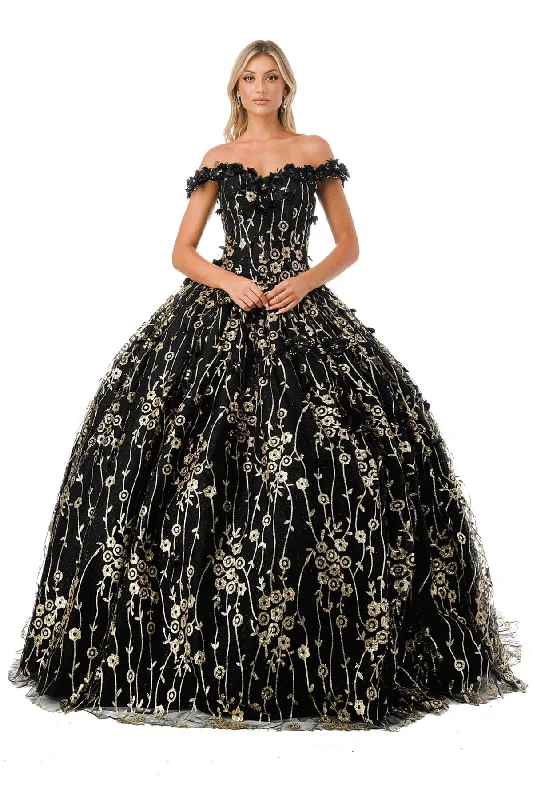 3D Floral Off Shoulder Glitter Ball Gown by Coya L2766A New Year's Eve floral dresses