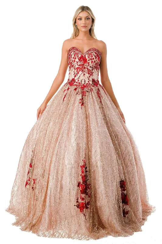 Floral Applique Strapless Glitter Ball Gown by Coya L2730 Flattering floral dresses for all body types