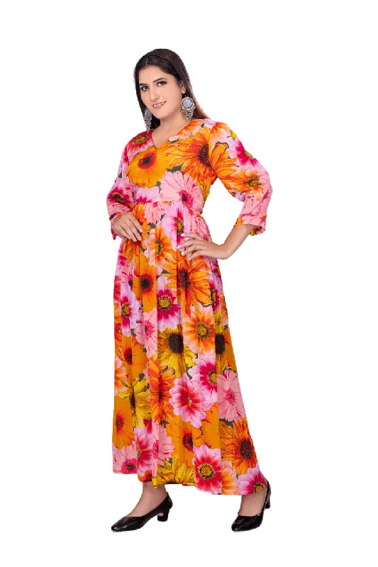 "Sunny Blooms: Yellow Flower Print Silk Dress for Women" Formal floral dresses