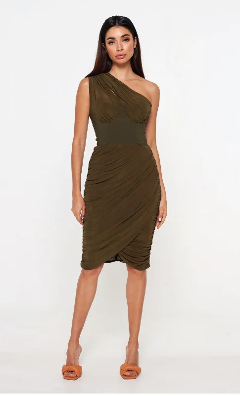 Khaki Asymetric Mesh Drape Dress Chic unclassified dresses