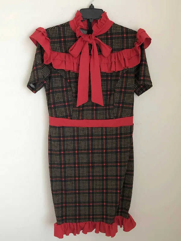 Bow tie cute ruffle plaid dress Earthy tone unclassified dresses