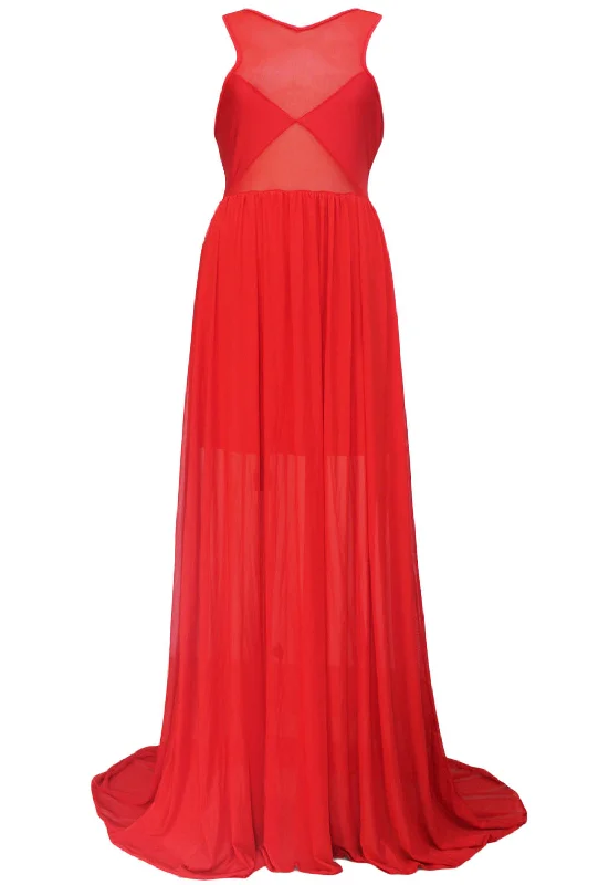 Hot Red Sheer Illusion Flared Evening Dress Beaded unclassified dresses