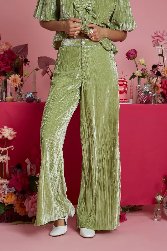 Jolene Crushed Velvet Green Wide Leg Trouser Printed unclassified dresses