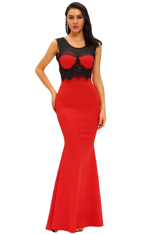 Mesh Splice Beaded Red Evening Dress A-line unclassified dresses