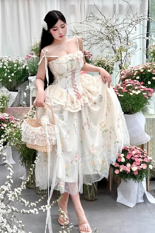 Off White Spring Bouquets Romantic Ruffle Embroidery Bowknot Mesh Sweet Lolita Jsk Dress Party unclassified dresses