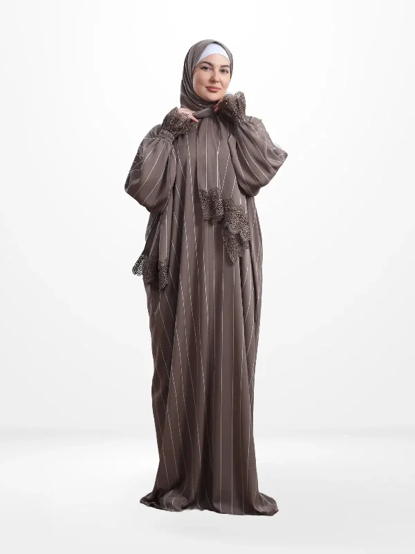 One-Piece Prayer Set Dress & Abaya with attached Hijab - Striped Crepe Floral unclassified dresses