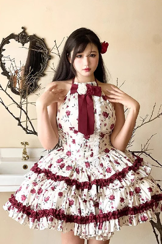 Red/White Halterneck Romantic Rose Print Ruffle Bowknot Sweet Chinese Style Lolita Dress Elegant evening unclassified dresses