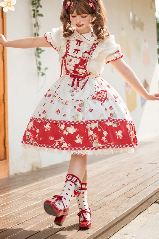 Red/White Strawberry Orchard Print Ruffle Detachable Sweet Lolita Strap Dress Chiffon unclassified dresses