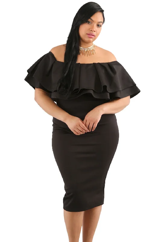 Sexy Black Layered Ruffle Off Shoulder Curvaceous Dress Off-shoulder unclassified dresses