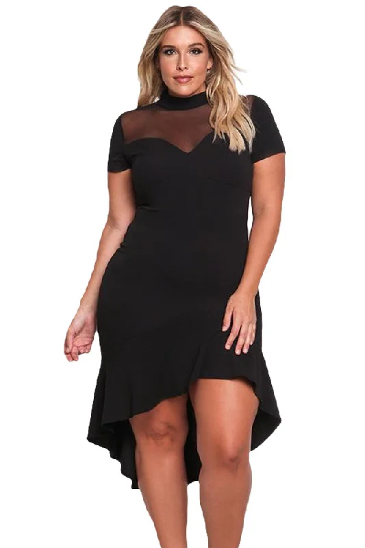 Sexy Black Mesh Insert Ruffled Hi-low Hem Curvy Dress Sleeveless unclassified dresses