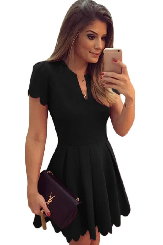 Sexy Black Sweet Scallop Pleated Skater Dress Summer unclassified dresses