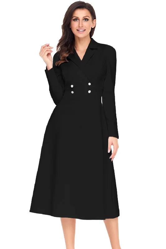 Sexy Black Vintage Button Collared Fit-and-flare Dress Chiffon unclassified dresses