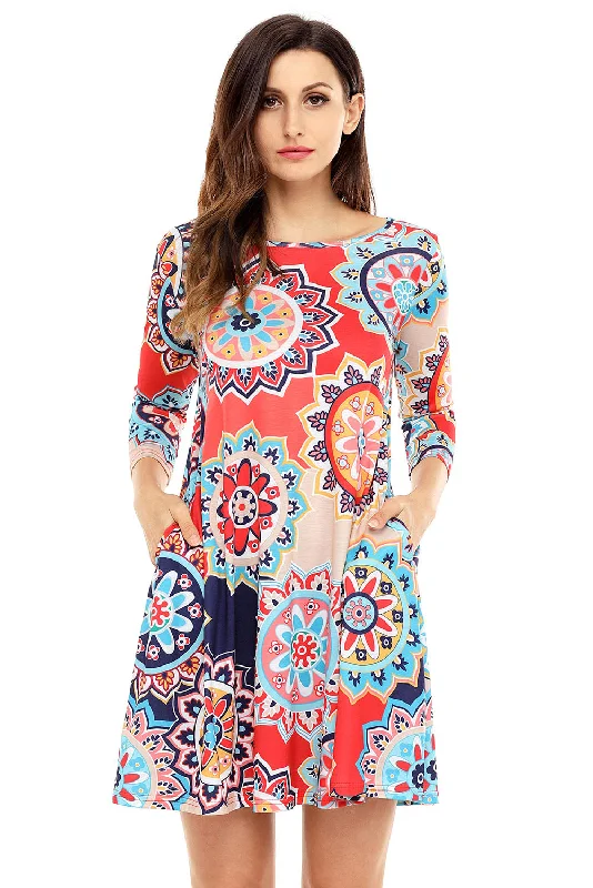 Bohemian Sunflower Print Red Dress Bright color unclassified dresses