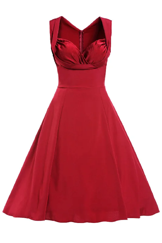 Burgandy Sweetheart Neck Retro Collared Skater Dress Color block unclassified dresses