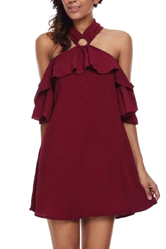 Burgundy Adorable Sexy O Ring Detail Ruffle Dress Polka dot unclassified dresses