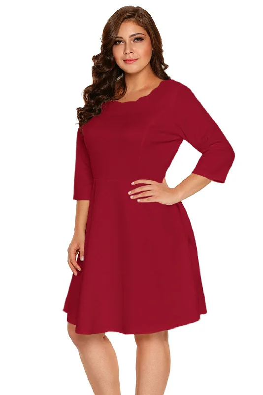 Burgundy Scalloped Neckline 3/4 Sleeve Skater Dress Mesh unclassified dresses