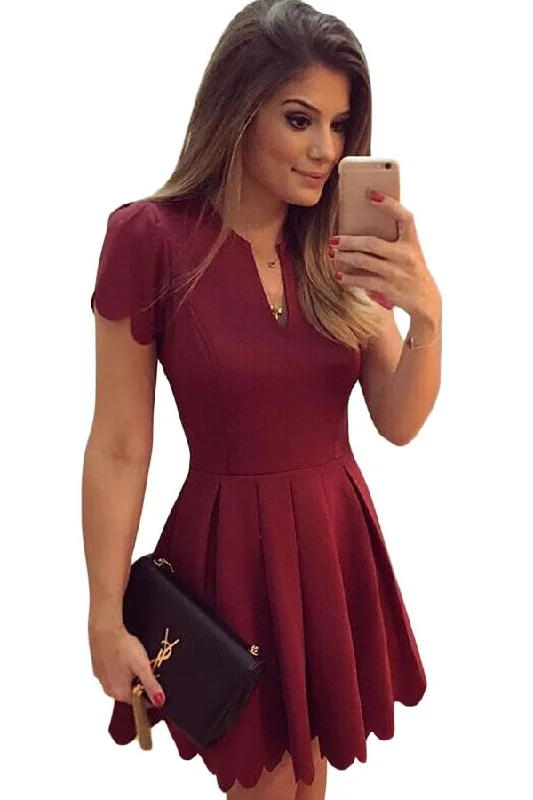 Burgundy Sweet Scallop Pleated Skater Dress Denim unclassified dresses