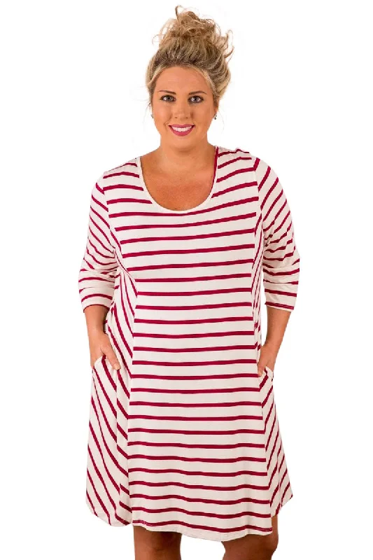 Burgundy White Stripes Relaxed Curvy Dress Chiffon unclassified dresses