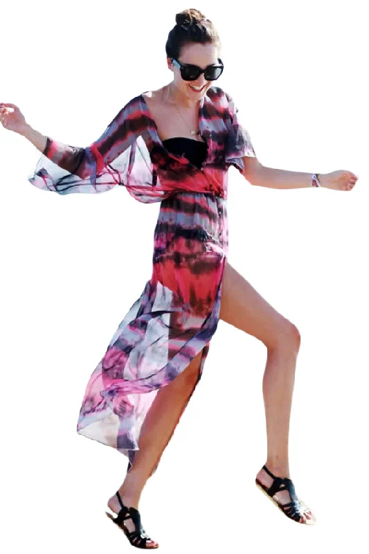 Buttons and Slit Front Open Tie-dye Print Chiffon Beachwear Silk unclassified dresses