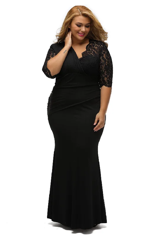 Full-figured Womens Elegant Half Sleeves Black Gown Winter unclassified dresses