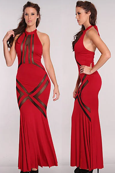 Glam Red Mesh Pattern Hourglass Evening Dress Breathable unclassified dresses