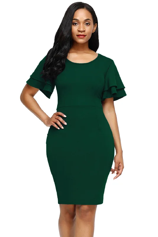 Green Flare Sleeve Back Slit Sheath Dress Chic unclassified dresses