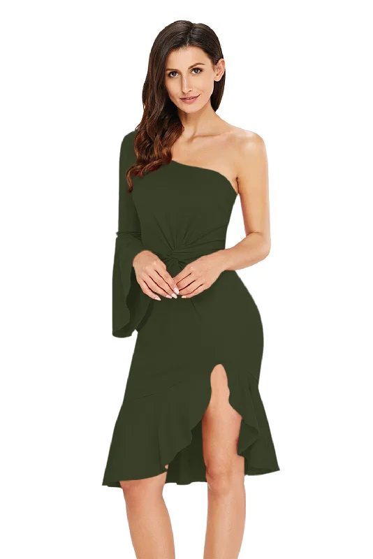 Sexy Green Twist and Ruffle Accent One Shoulder Prom Dress Long sleeve unclassified dresses