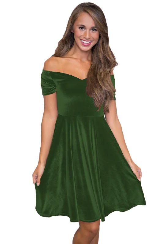 Sexy Green Velvet Off Shoulder Pleated Skater Dress Designer unclassified dresses