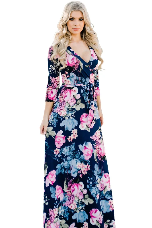 Navy Blue Big Flower Print Wrap V Neck Boho Dress Graduation unclassified dresses