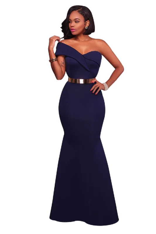 Navy Blue Sexy One Shoulder Ponti Gown Earthy tone unclassified dresses