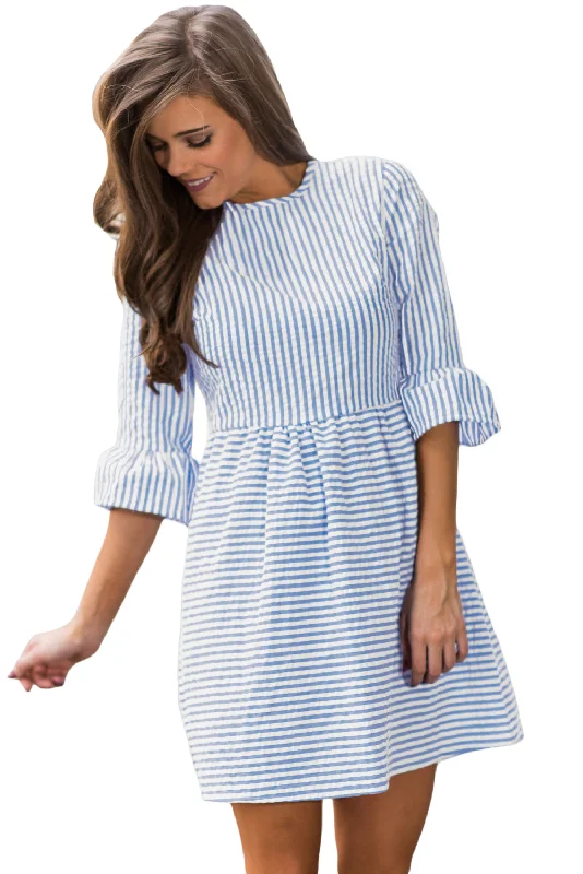 Navy White Stripe Flounce Sleeve Seersucker Dress Printed unclassified dresses