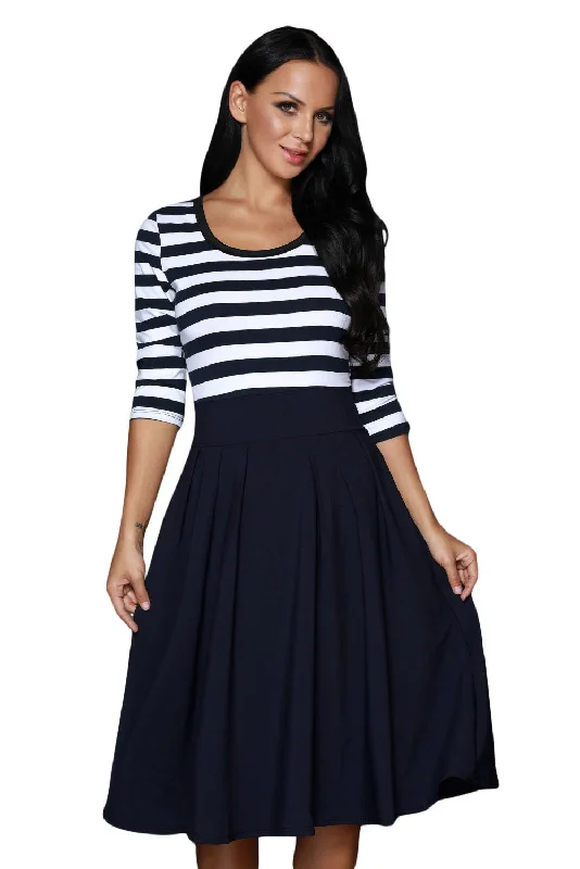 Navy White Stripes Scoop Neck Sleeved Casual Swing Dress Striped unclassified dresses