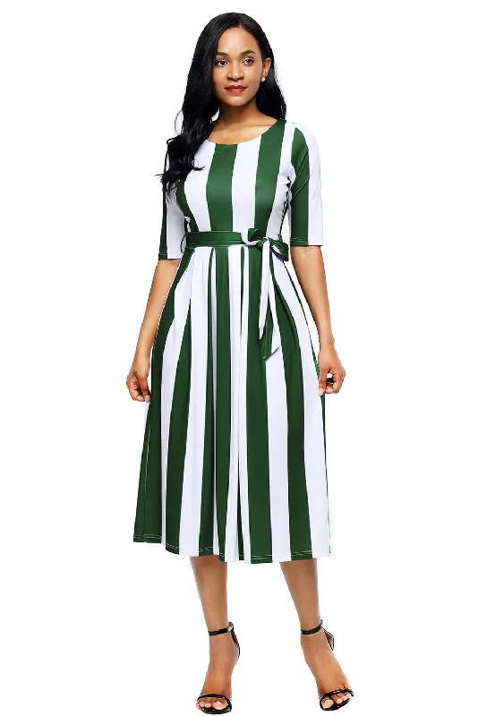 Olive Stripe Print Half Sleeve Belted Dress Street style unclassified dresses