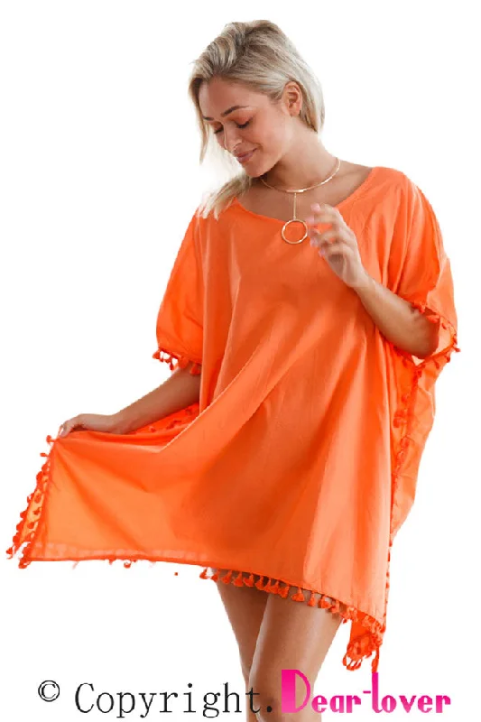 Orange Pom Pom Tassel Hem Gauze Cover up Boho unclassified dresses