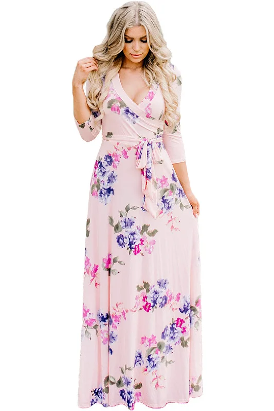 Pink Blooming Flower Print Wrap V Neck Boho Dress One-shoulder unclassified dresses