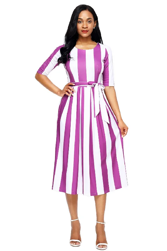 Purple Stripe Print Half Sleeve Belted Dress Festival unclassified dresses