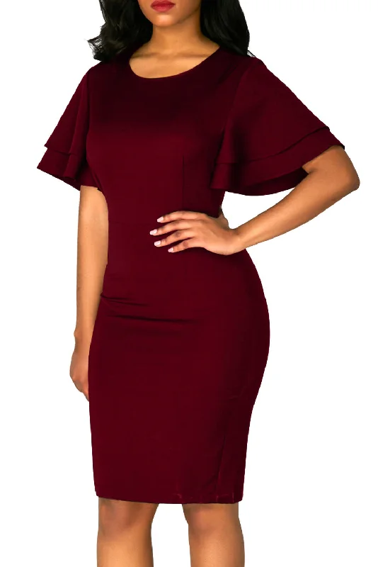 Purplish Red Flare Sleeve Back Slit Sheath Dress Travel unclassified dresses