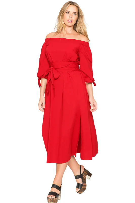 Red Chambray Off the Shoulder Belted Curvy Dress Engagement unclassified dresses