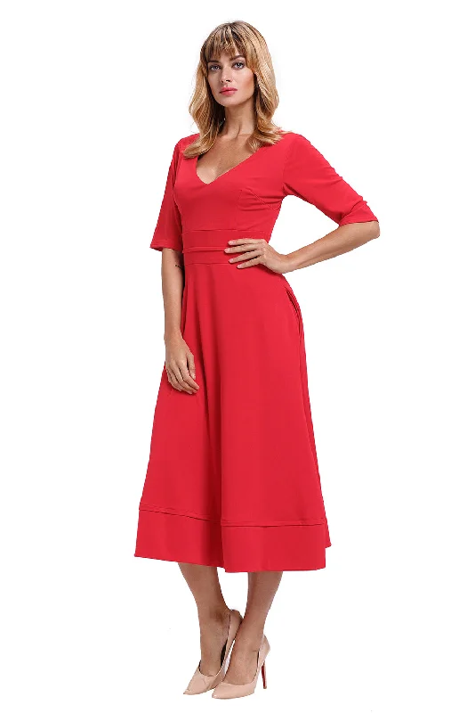 Red Half Sleeve V Neck High Waist Flared Dress Winter unclassified dresses