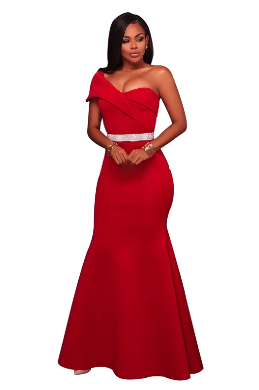 Red Sexy One Shoulder Ponti Gown Sequin unclassified dresses