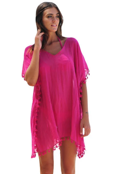 Rosy Pom Pom Tassel Hem Gauze Cover up Street style unclassified dresses