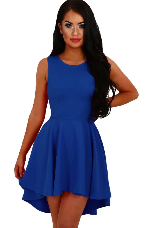 Royal Blue Pleated Hi-low Hem Sleeveless Skater Dress Bodycon unclassified dresses