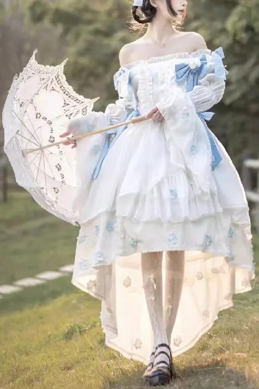 White Boat Neck Multi-layer Ruffle Hanayome Bowknot Sweet Princess Lolita Strapless Dress High-end unclassified dresses