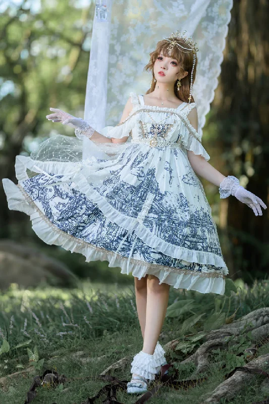 White [Castle Feast] Print Ruffle Bowknot Gothic Princess Lolita Jsk Dress Sequin unclassified dresses