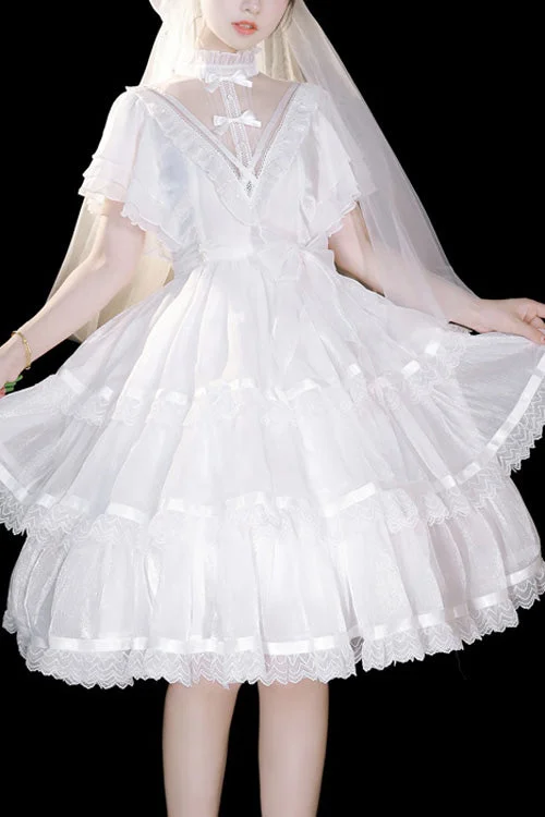 White Castle Night High Waisted Ruffled Hanayome Gothic Lolita Tiered Dress Long sleeve unclassified dresses